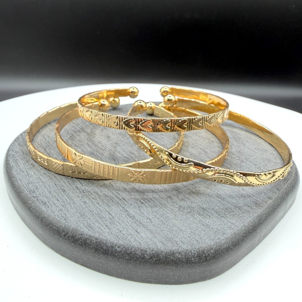 Gold Tone Engraved Open Cuff Bangle Bracelets Set of 4 Boho Stacking Statement